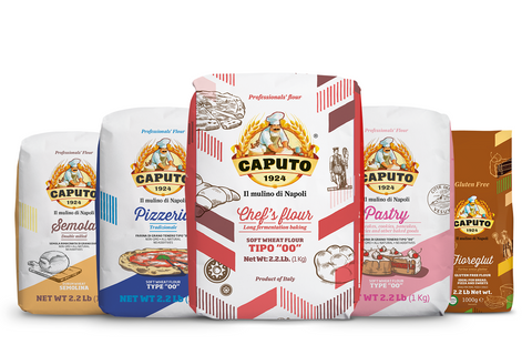 Five Caputo flour products: Chef's flour, pizzeria flour, semola flour, pastry flour, and gluten-free flour