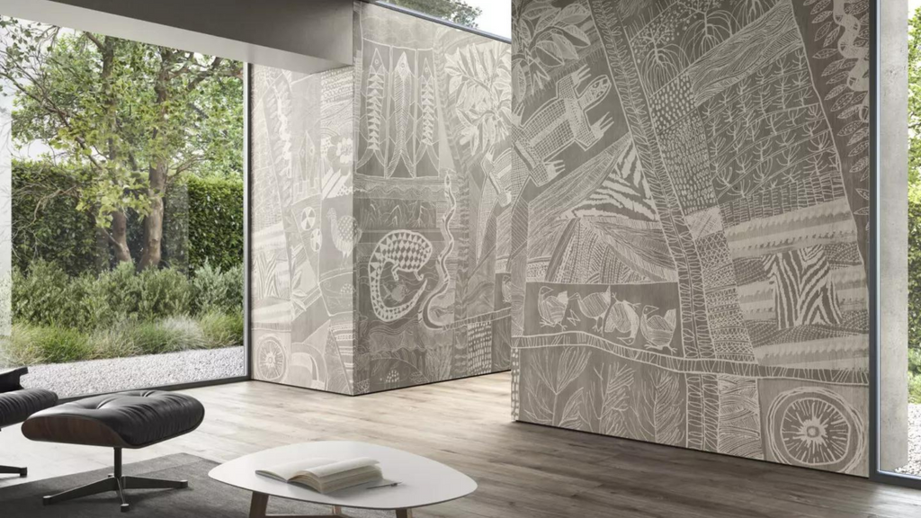 big floor to ceiling window, gray wallpaper with tribal ornaments