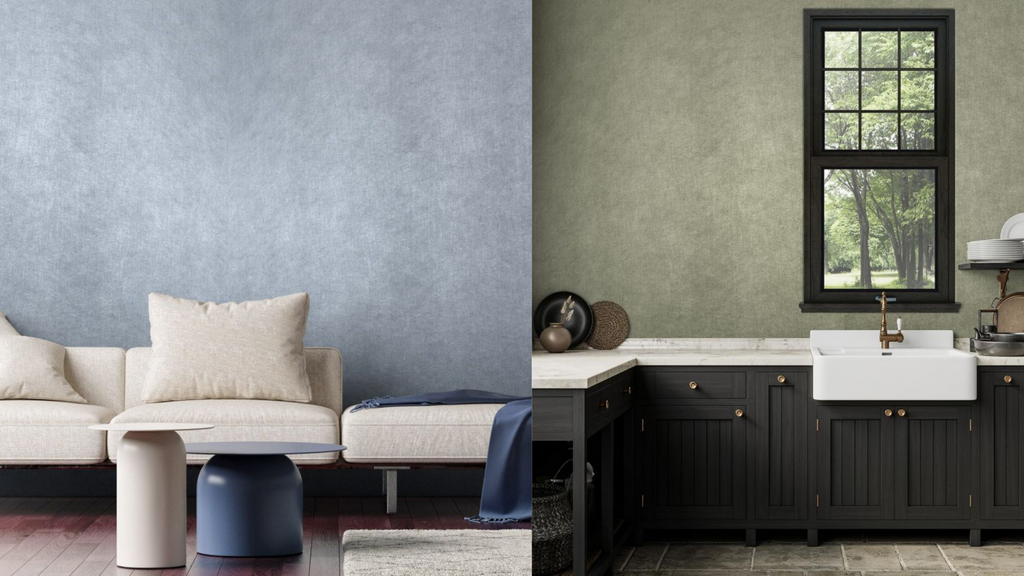 blue wallpaper and cream couch, dark green kitchen and green wallpaper