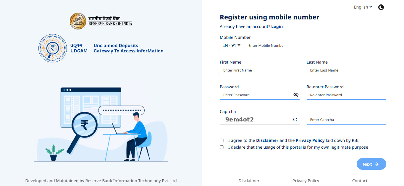 Step 2- Register in the portal by feeding your mobile no