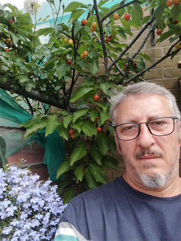 Cavit in the garden with the cherries growing behind him