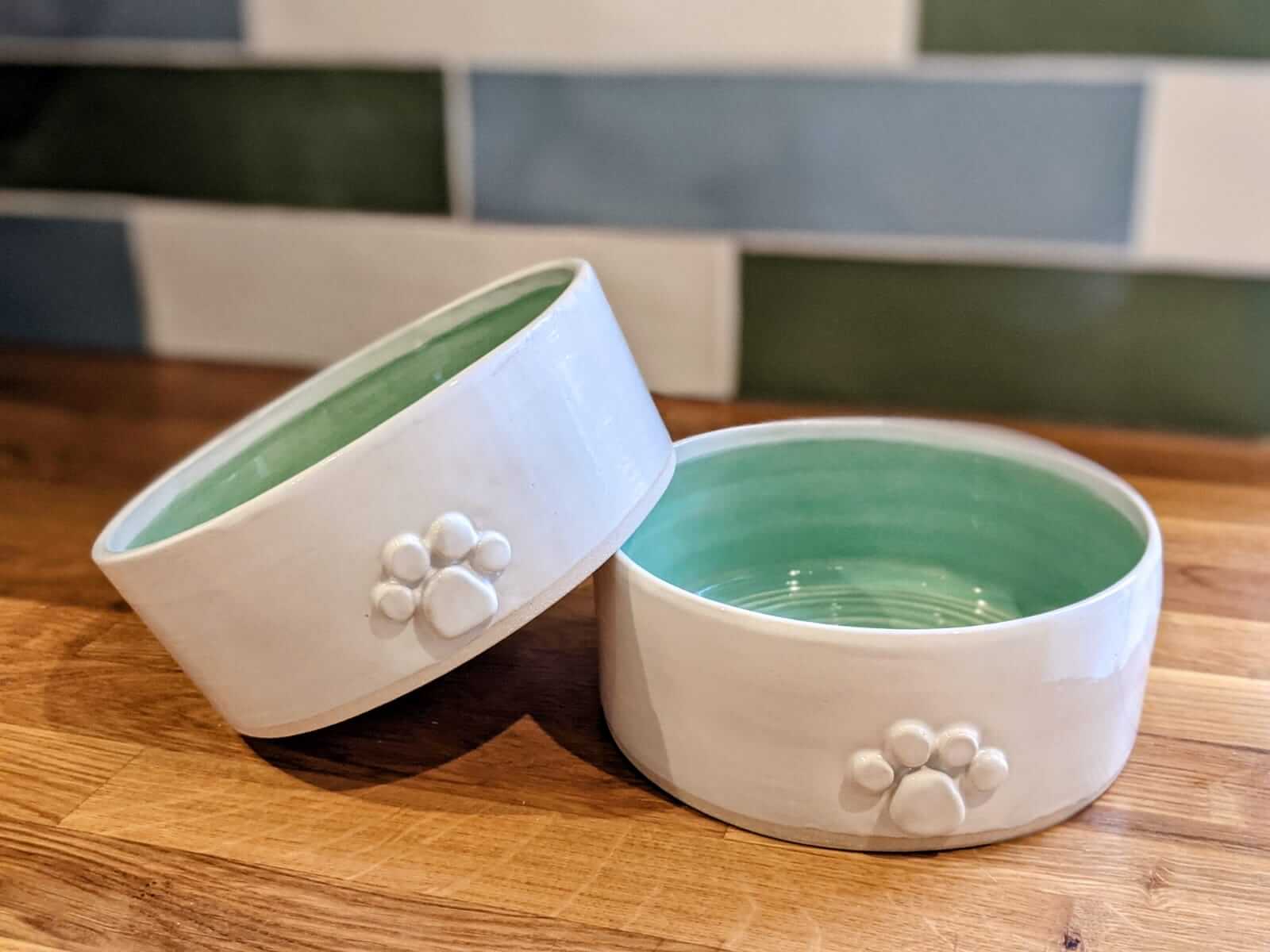 green ceramic dog bowl