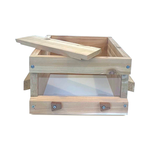 The 2024 Model Warre Hive box with lexan viewing window and walnut window latches