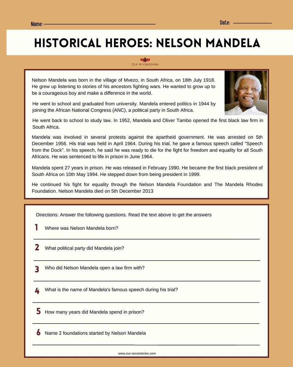 Nelson Mandela Free Printable Worksheets