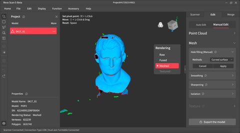 Manual hole filling for meshes in Revo Scan