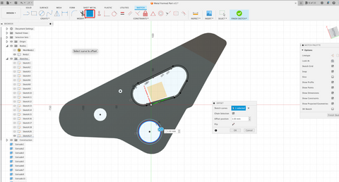 Sketching holes and offsetting the sketches to create a raised lip in Fusion 360
