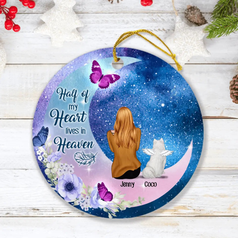 Personalized Memorial Pet Mom Flower Moon Ornament - Woman With Up to 4 Pets - Best Gift For Cat/ Dog Lover - Half Of My Heart Lives In Heaven