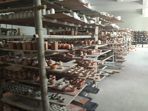 Products are air drying after wheeling and before being polished and covered with the glaze for firing again. This photo gives an idea of the size of Mr. Lee’s Studio. Since all the products are handmade and are under strict quality control by Mr.Lee himself, the amount and production rate are limited.