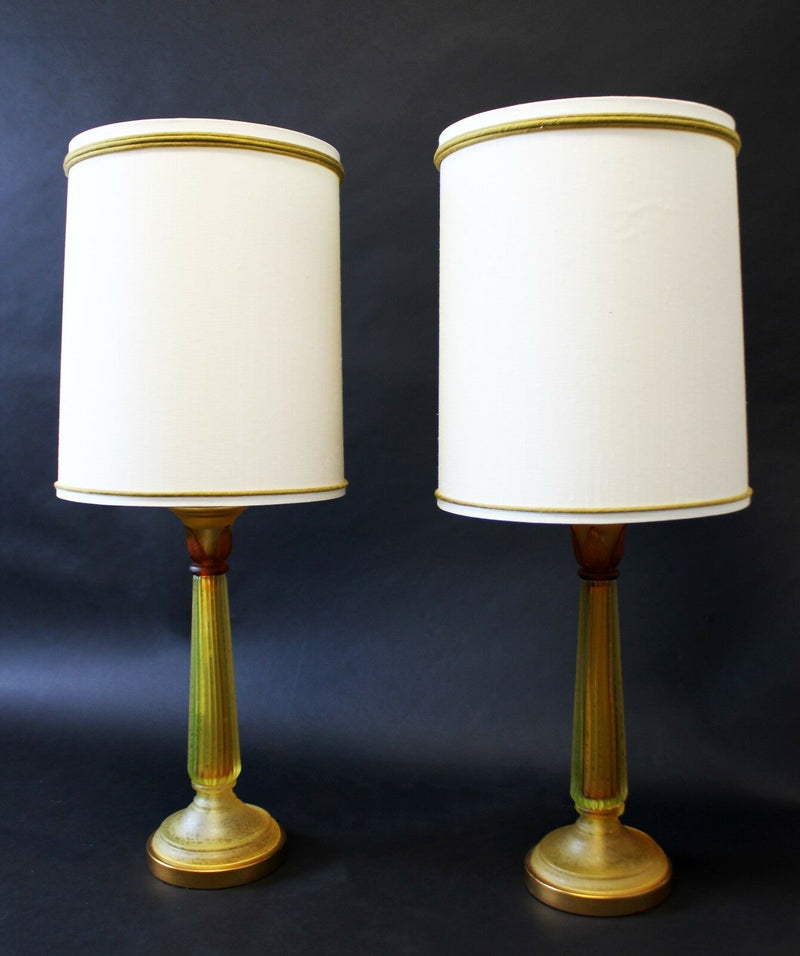 Mid Century Modern Seguso for Marbro Pair of Amber Glass Lamps Original Shades
