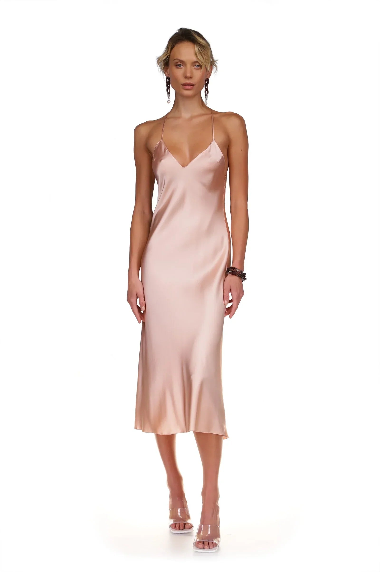 DANNIJO Tie Strap Long Slip Dress in Hot Pink