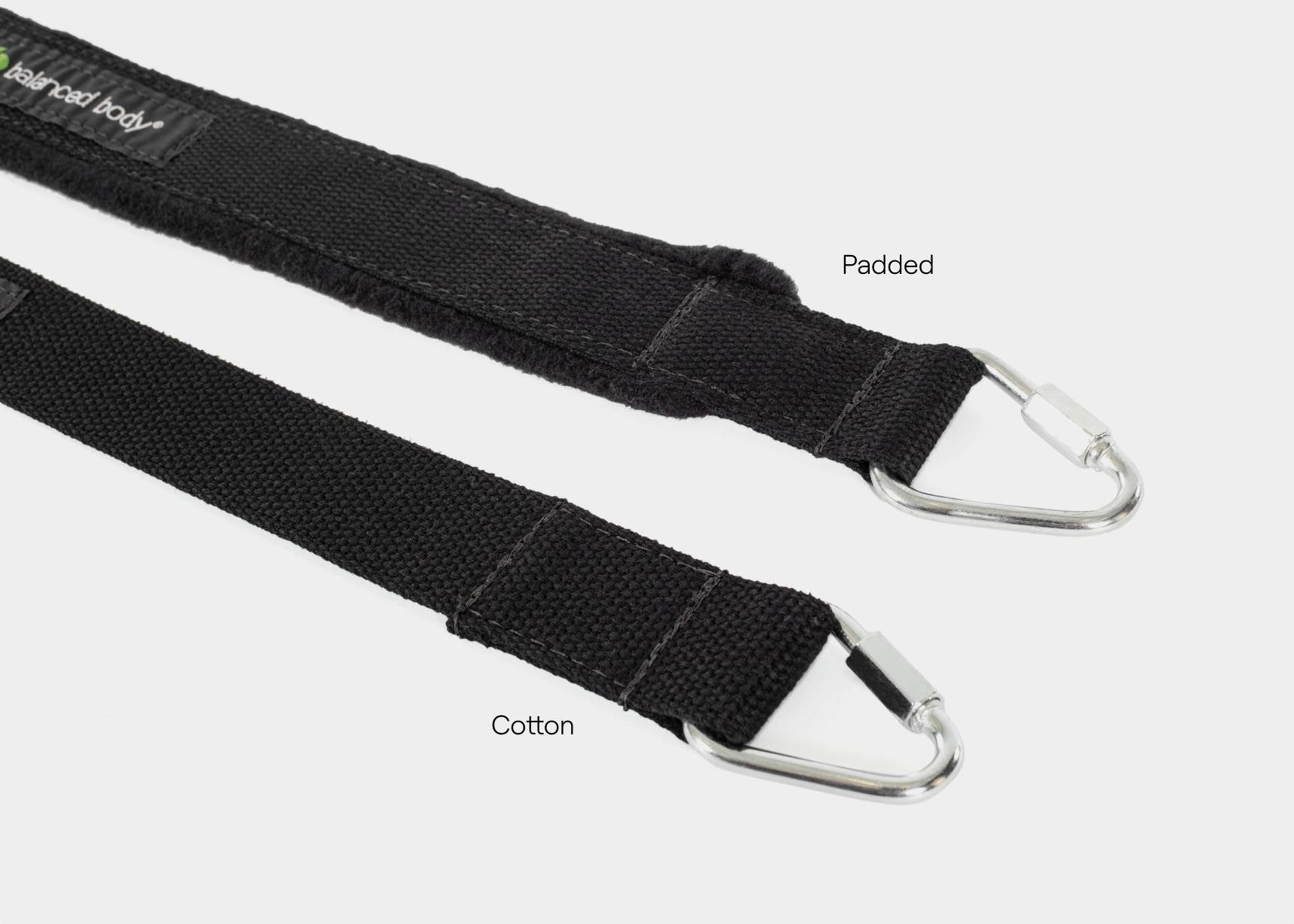 Pilates foot straps in cotton and padded versions.