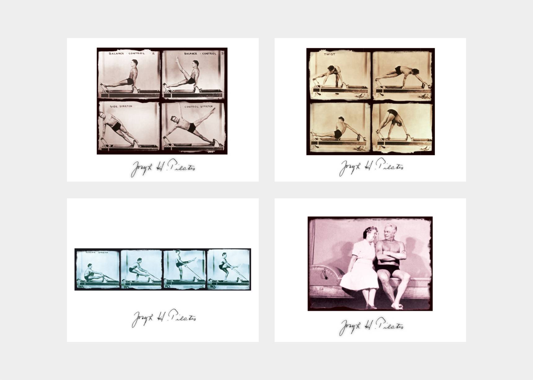 Joe Note Cards displaying an array of Pilates exercises.
