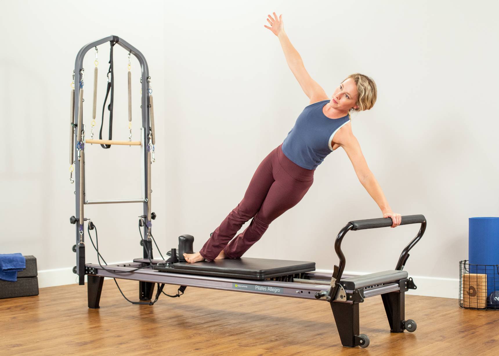 The Allegro reformer itself offers a wide range of exercises including leg presses, arm exercises, and abdominal exercises. 