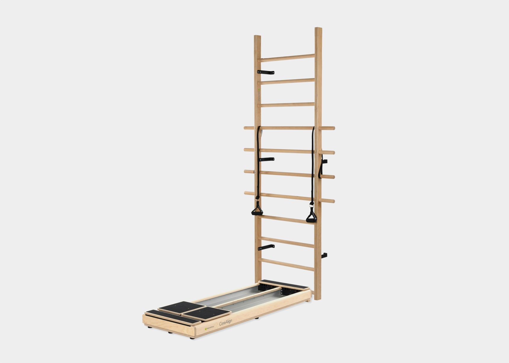 A wall-mounted ladder-like apparatus with multiple rungs and two wooden handles at the top. The ladder is attached to a wooden base which is fixed to the wall.