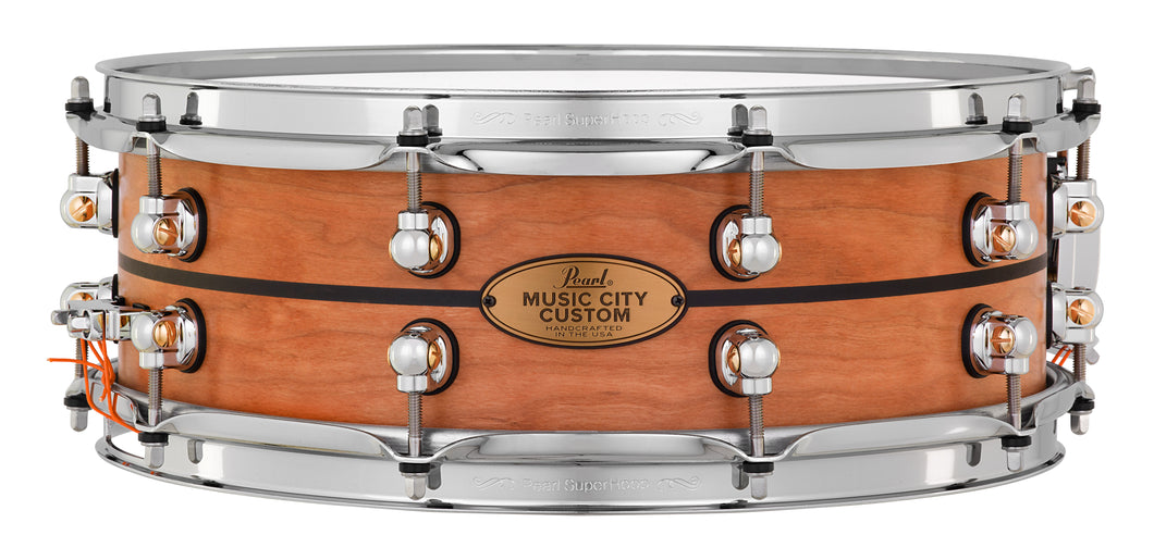 Pearl Music City Custom 14x5 Cherry Solid Shell Kit Snare Drum Nashville Natural Ebony Single Inlay