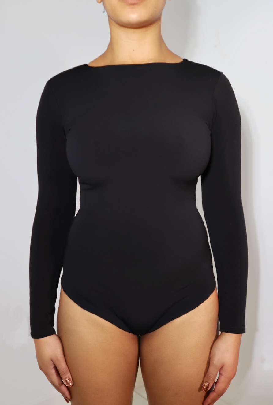 Jairlee Bodysuit - Plunge Neck Faux Wrap Front Bodysuit in Black