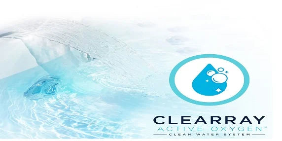 An abstract image features light blue water with ripples and bubbles, evoking a sense of cleanliness and purity. A logo with a blue water droplet containing bubbles is overlaid, accompanied by the text "CLEARRAY ACTIVE OXYGEN™ CLEAN WATER SYSTEM." Perfect for hot tubs or hydrotherapy with the Jacuzzi J-445™ OPEN SEATED HOT TUB WITH INFRARED & RED LIGHT THERAPY.