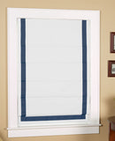 Cordless White Blackout Roman Shade with Navy Ribbon Border - Navy