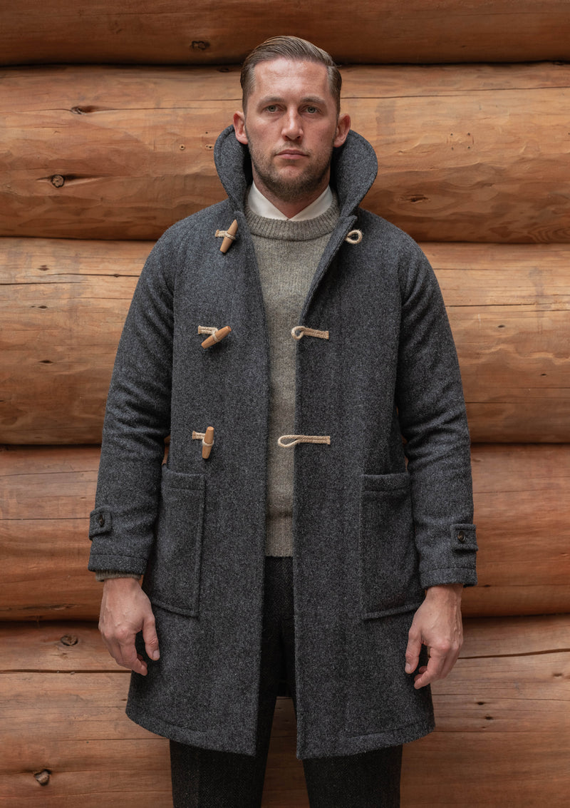 Mallory Long Pure Wool Duffle Coat - Charcoal – Thomas Farthing London