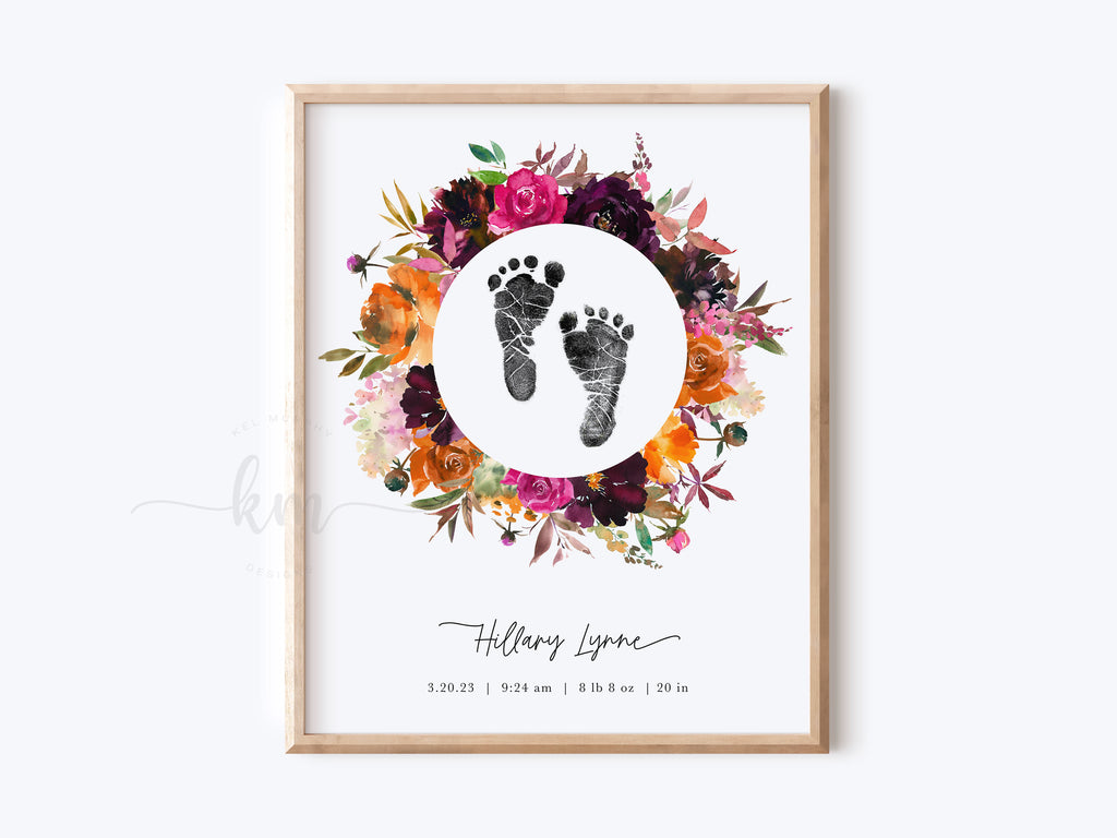 Custom Baby Footprint Art with watercolor flowers, baby keepsake perfect for last minute gift for Mother's Day, baby shower, New mom