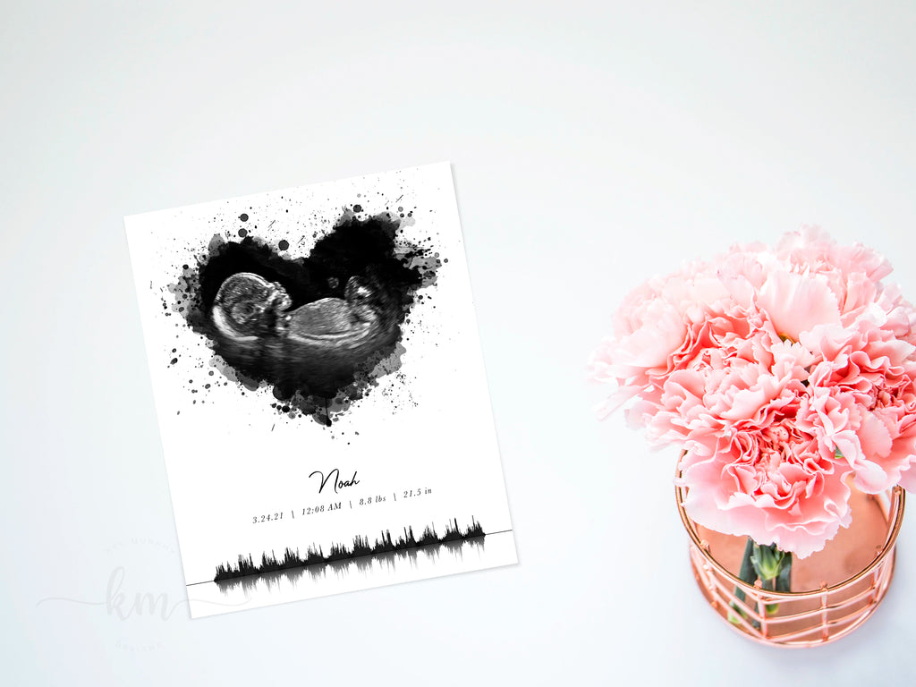 Custom sonogram art with baby's heartbeat art design customized with name and birth stats