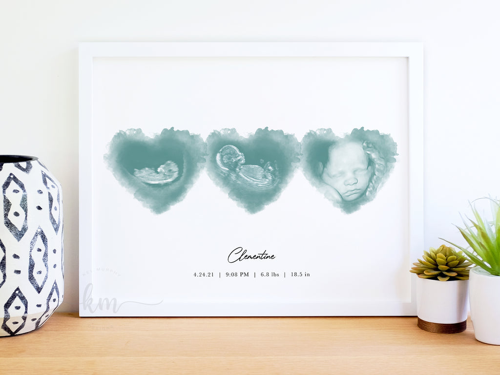Custom ultrasound art with three watercolor hearts personalized with baby's name and birth stats. Best new mom gifts