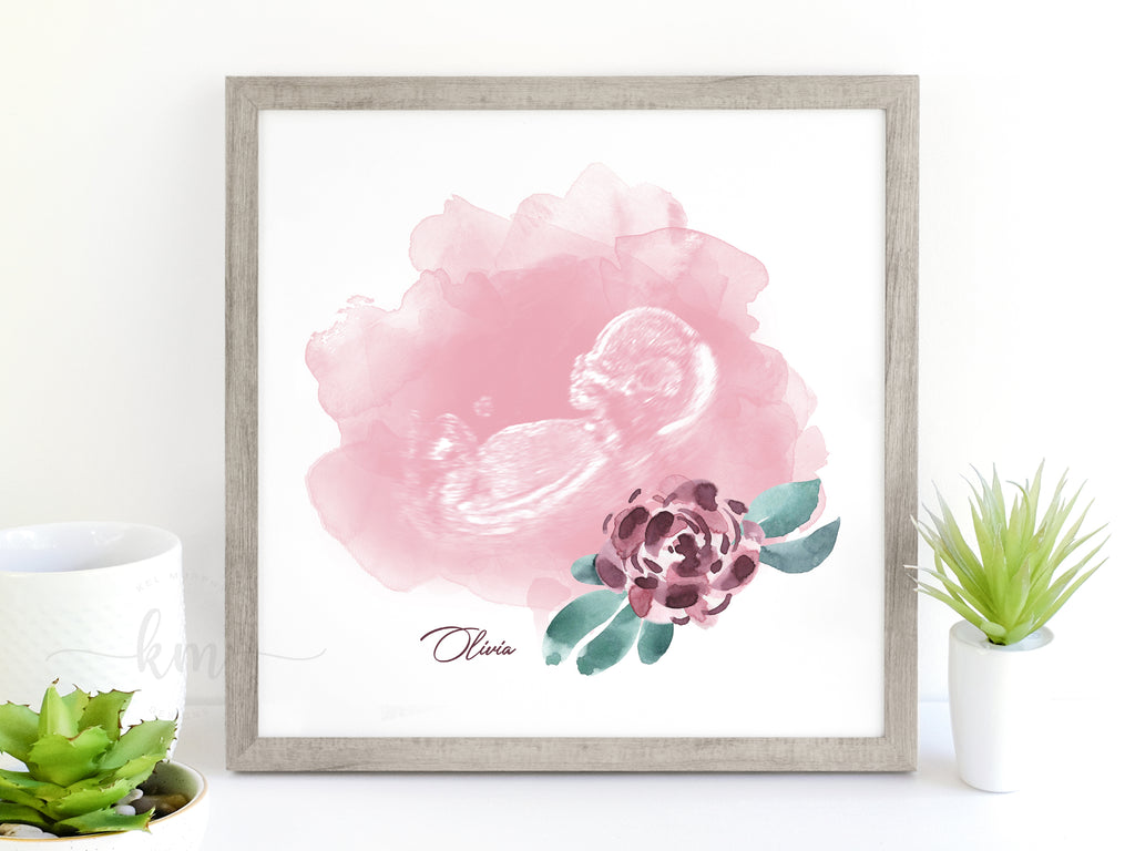 Custom watercolor ultrasound art in a gray square modern frame. Personalized with baby's name. Best new mom gifts