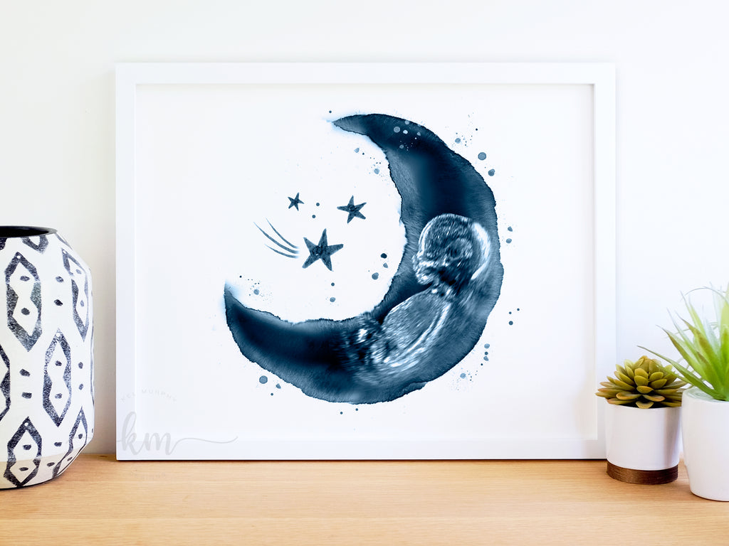 Moon and Stars watercolor with baby ultrasound blue cyanotype new mom gift