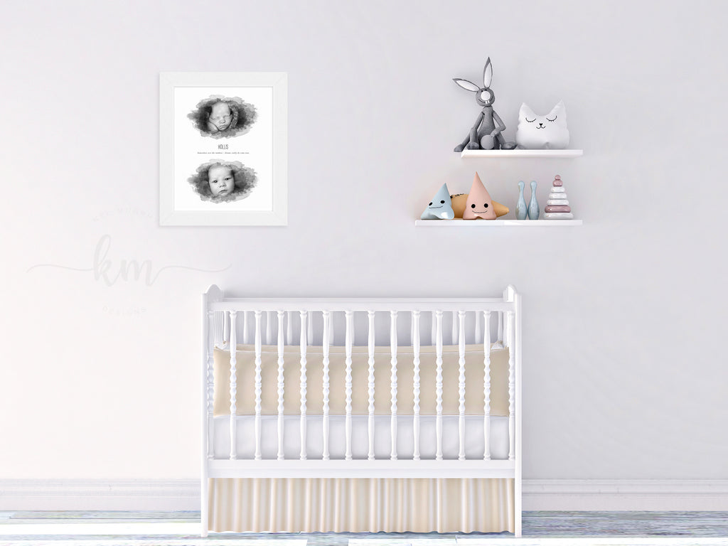 Watercolor ultrasound art and newborn image in a classic white wood frame