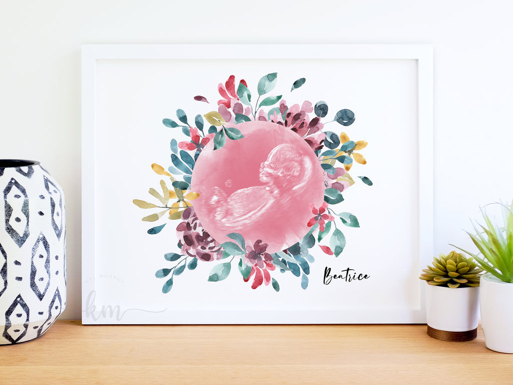 Custom Ultrasound Art with watercolor flowers, baby keepsake perfect for last minute gift for Mother's Day, baby shower, New mom