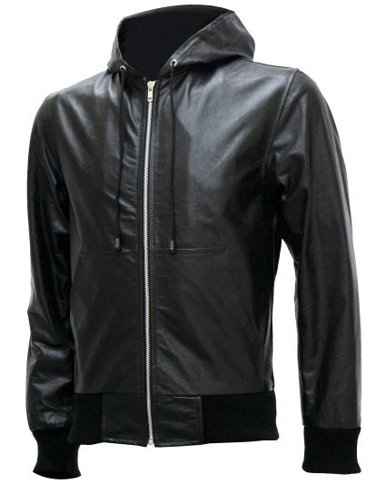 Exclusive Men's Black Bomber Leather Jacket with Hoodie