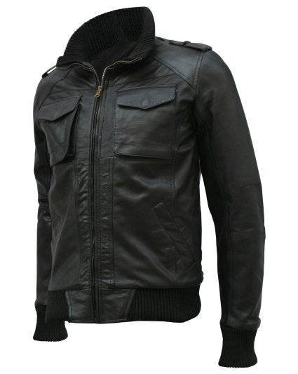 Black Leather Bomber Jacket Men