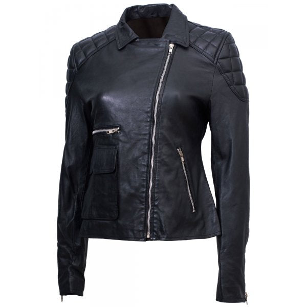 Quilted Shoulder Ladies Black Sheep Leather Biker Jacket