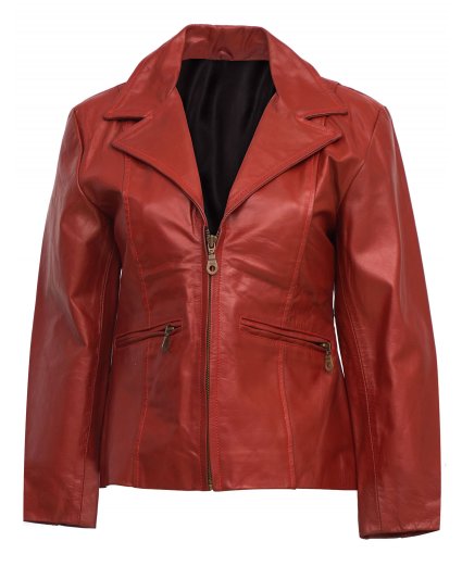 Women Red Leather Coat with Zip