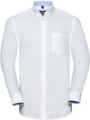 Camisa oxford pré-lavada de manga comprida-Branco / Oxford Azul-S-RAG-Tailors-Fardas-e-Uniformes-Vestuario-Pro