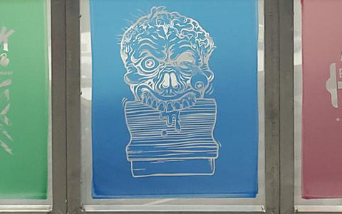 a screen burned with plastisol emulsion featuring a zombie head