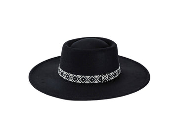 Women's Felt Hats - Pork Pie Wide Brim Hat with Aztec Ribbon