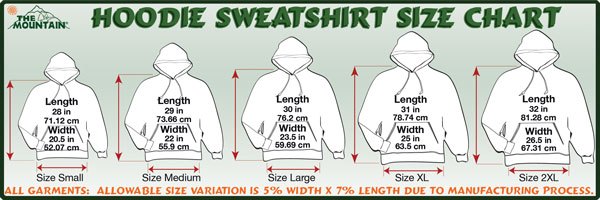 Hoodie Sweatshirt Size Chart