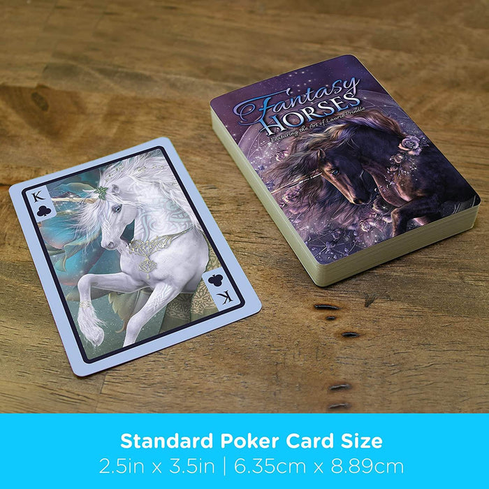 Deck with "Fantasy Horses" logo and black unicorn shown next to King of clubs with white unicorn. Text reads "Standard Poker Card Size - 2.5in x 3.5in or 6.35cm x 8.89cm"