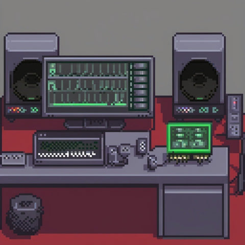 Desktop setup with computer, speakers and monitor for audio streaming and mixing in a pixelated artwork style