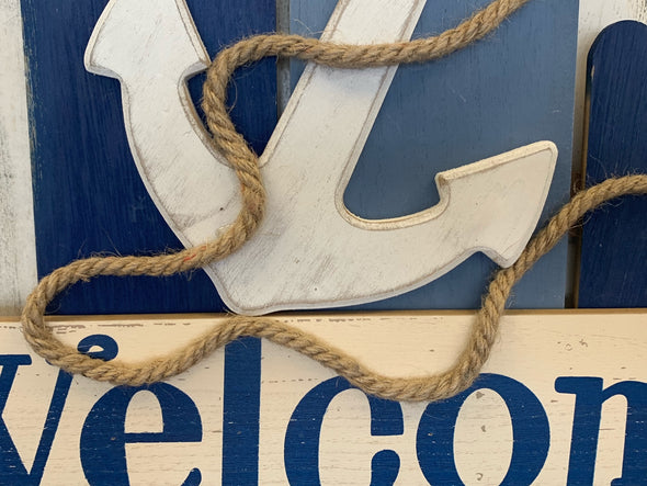 Blue Wooden Welcome Anchor Hanger / Hook