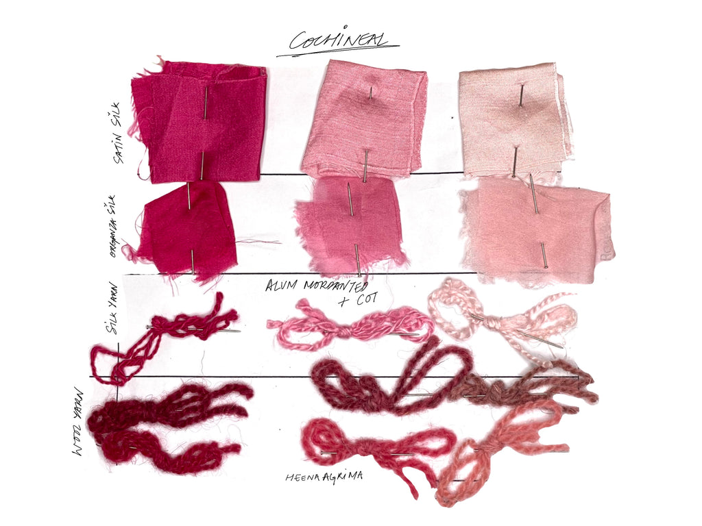 silk and wool swatches dyed with cochineal