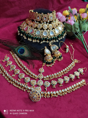 Kundan Polki Bridal Jewelry Set with Choker, Earrings, Nath, and Mathapatti