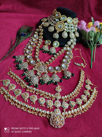 Kundan Polki Bridal Set with Choker, Long Necklace, Nath, Earrings, and Mathapatti