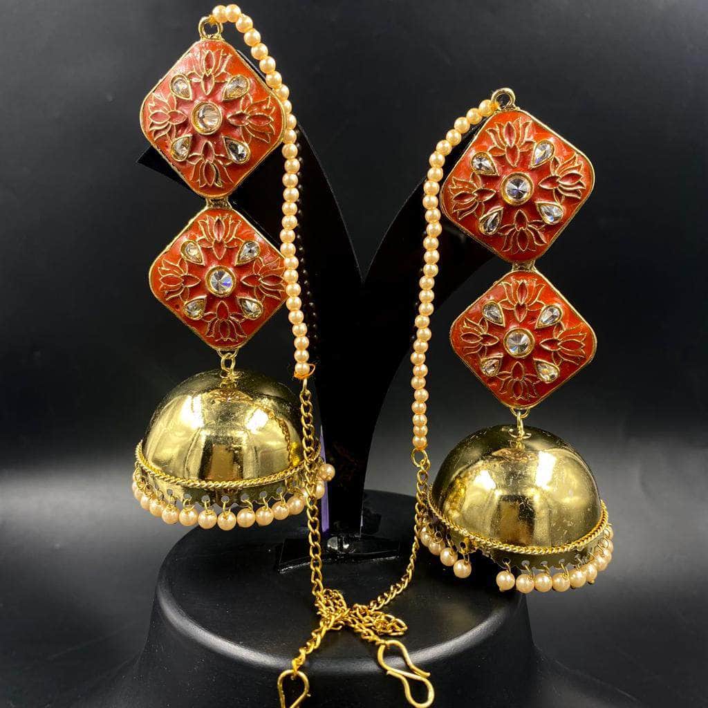 Gold Plated Floral Design Silver Color Enamel Painted Hanging Chains Jhumka  Earring
