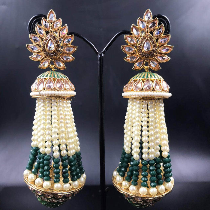 Mahi Blue Meenakari work Peacock Shaped Tassel Chain Jhumki Earrings w