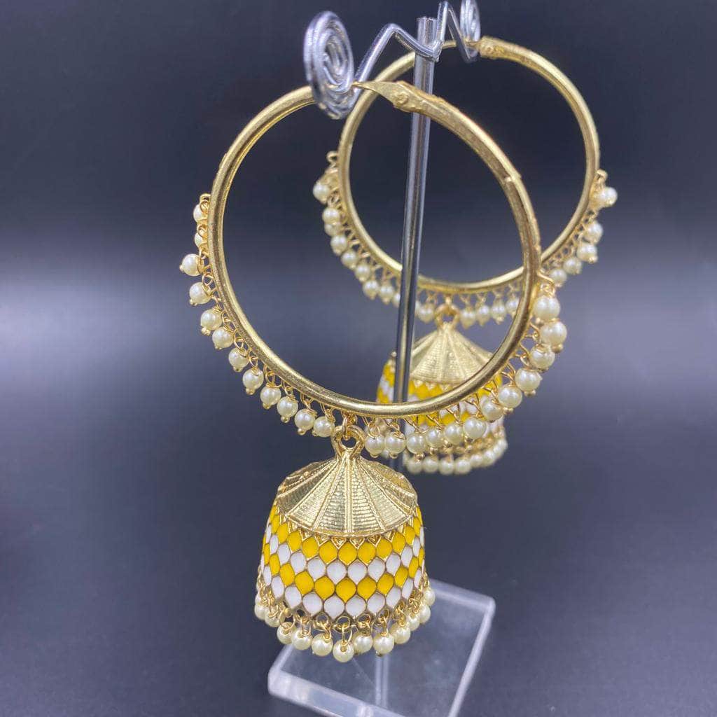 Zevar Earrings Indian Style Hoop Earring, Wire Wrapped Pearl Beads Jhumka, Meena Work Hoop Jhumki Earrings Set By Zevar.