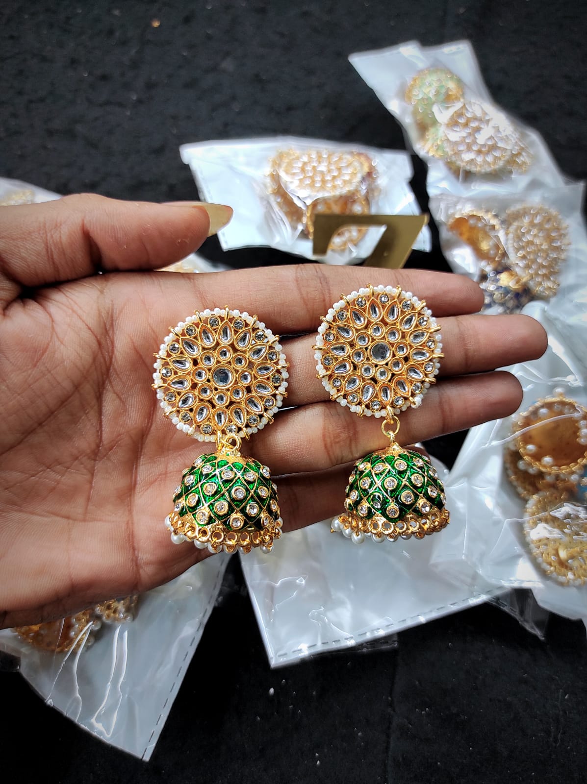 GOLD FINISH PINK & MINT MEENAKARI JHUMKA EARRINGS – Meri Sohni Jewelry