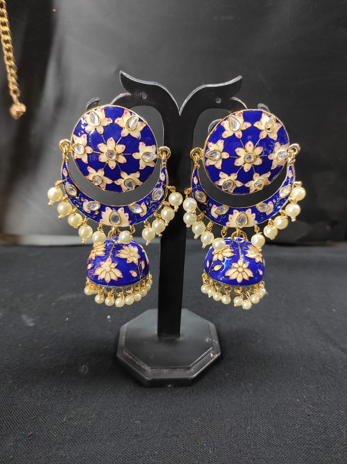 Gold Plated Traditional Jadau Pearl Earrings in Silver ER 434