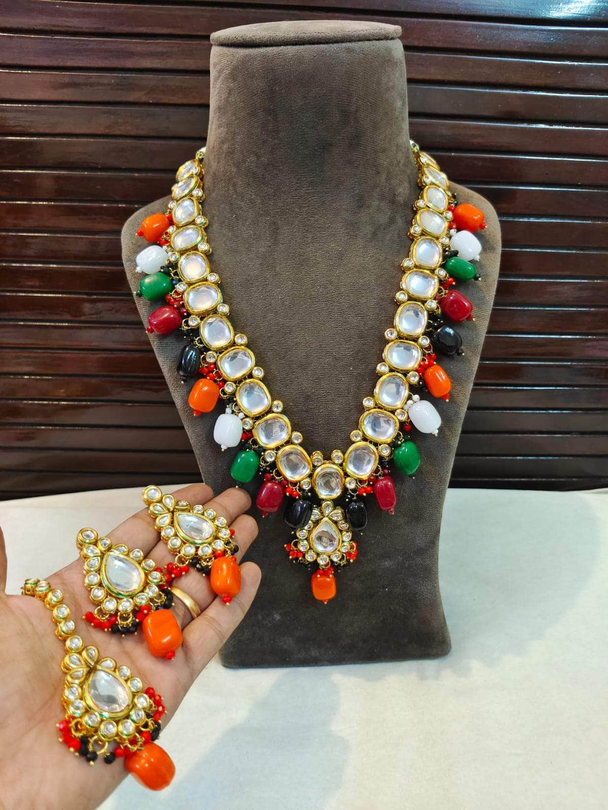 Buy quality Orange Oval Pearls Long Mala With Multicolour Crystal JPM0245  in Hyderabad